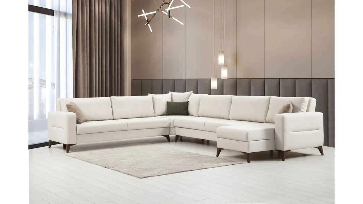 طقم كنب زاوية 3 قطع موديل Kristal باللون البيج - Image 3